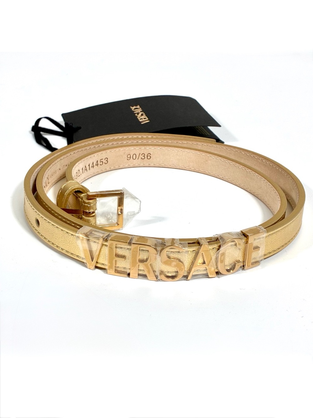 Versace Logo Metallic Leather Belt Gold 90 36 NWT